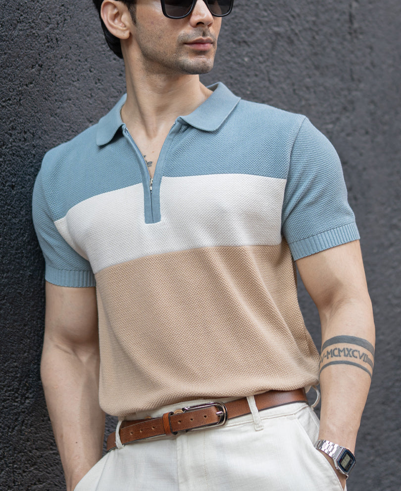 Blue & Beige Stripe Knit T-Shirt.