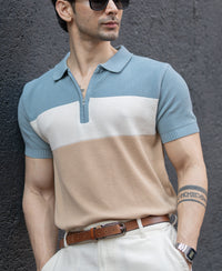 Blue & Beige Stripe Knit T-Shirt 100% Cotton