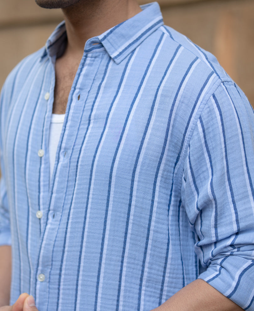 Blue Double Cloth Striped Shirt.