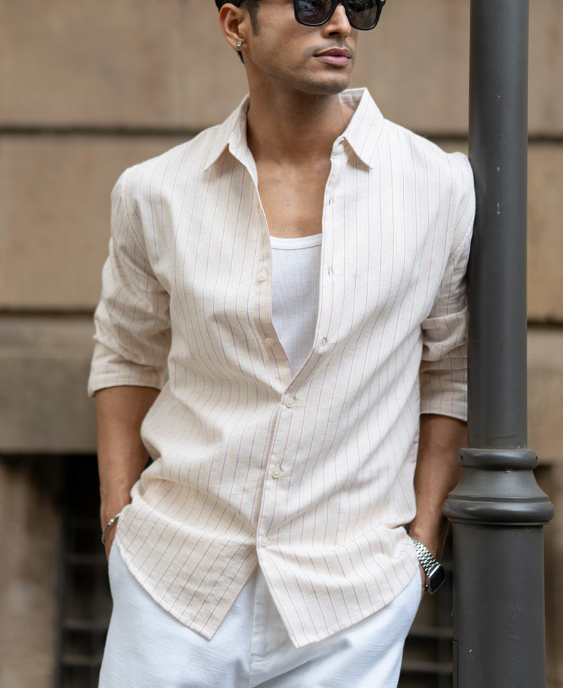 Peach & Beige Linen Stripe Shirt.
