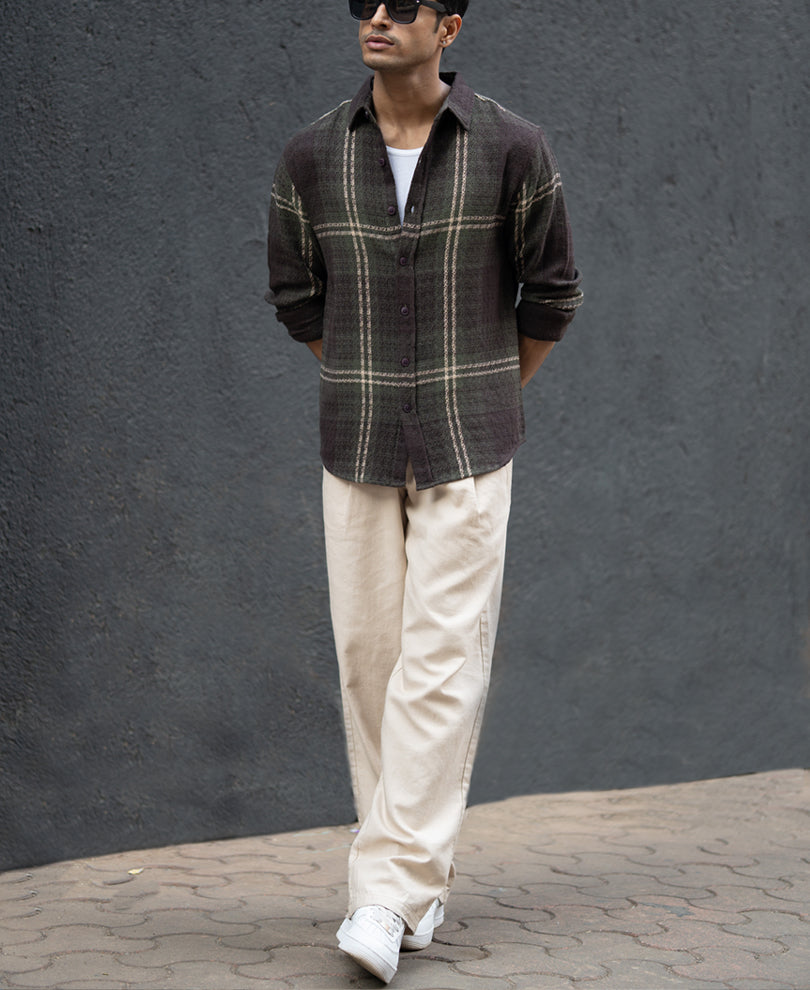 Dark Olive Structured Checks Shirt.