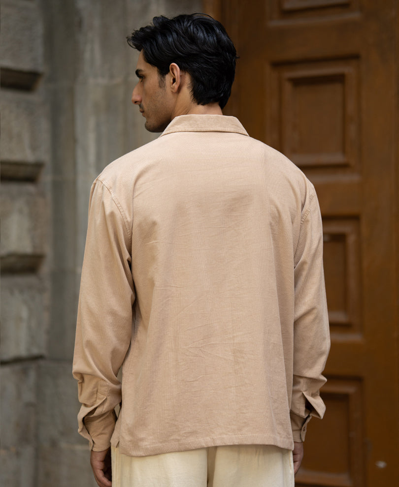 Beige Corduroy Embroidered Shirt 100% Cotton
