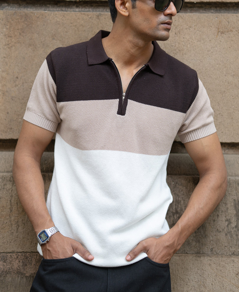 Beige & Brown Knit Stripe T-Shirt.