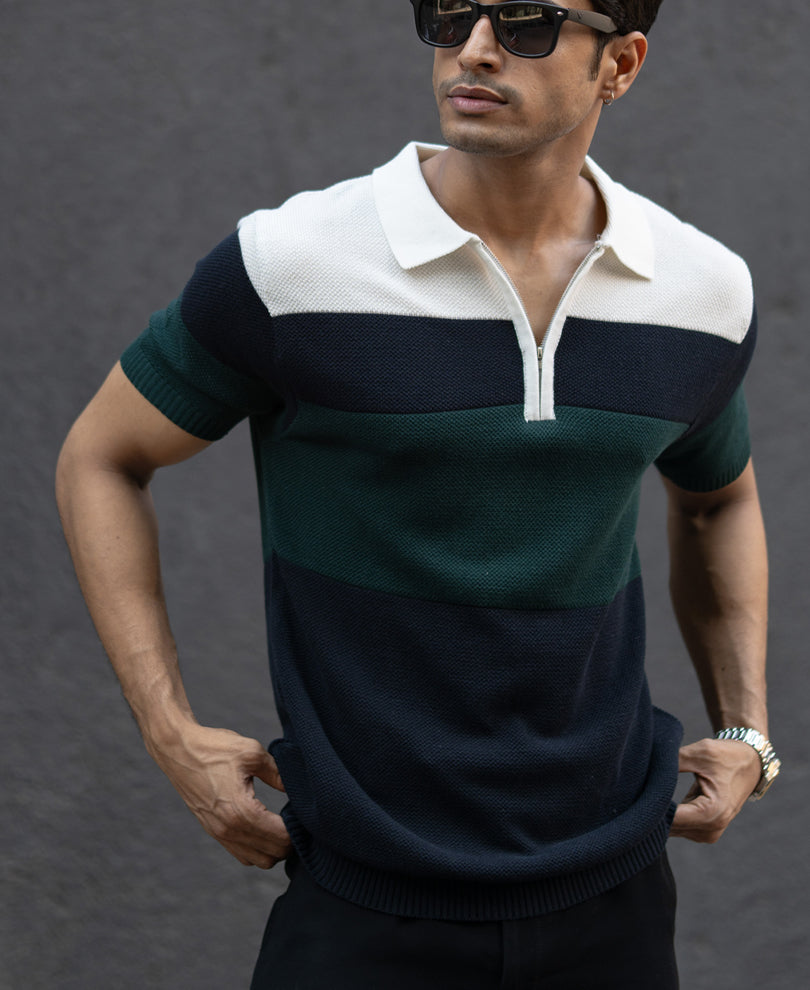 Olive & Navy Knit Stripe T-Shirt.
