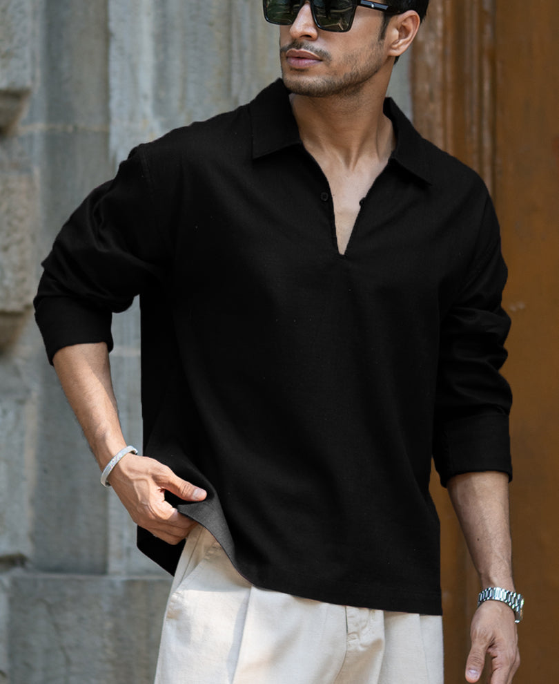Black Lightweight Structured Kurta Shirt.
