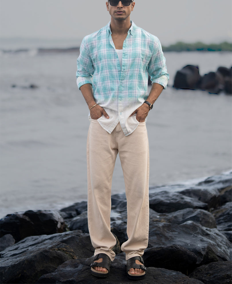 Aqua Blue Light Weight Ombre Checks Shirt.