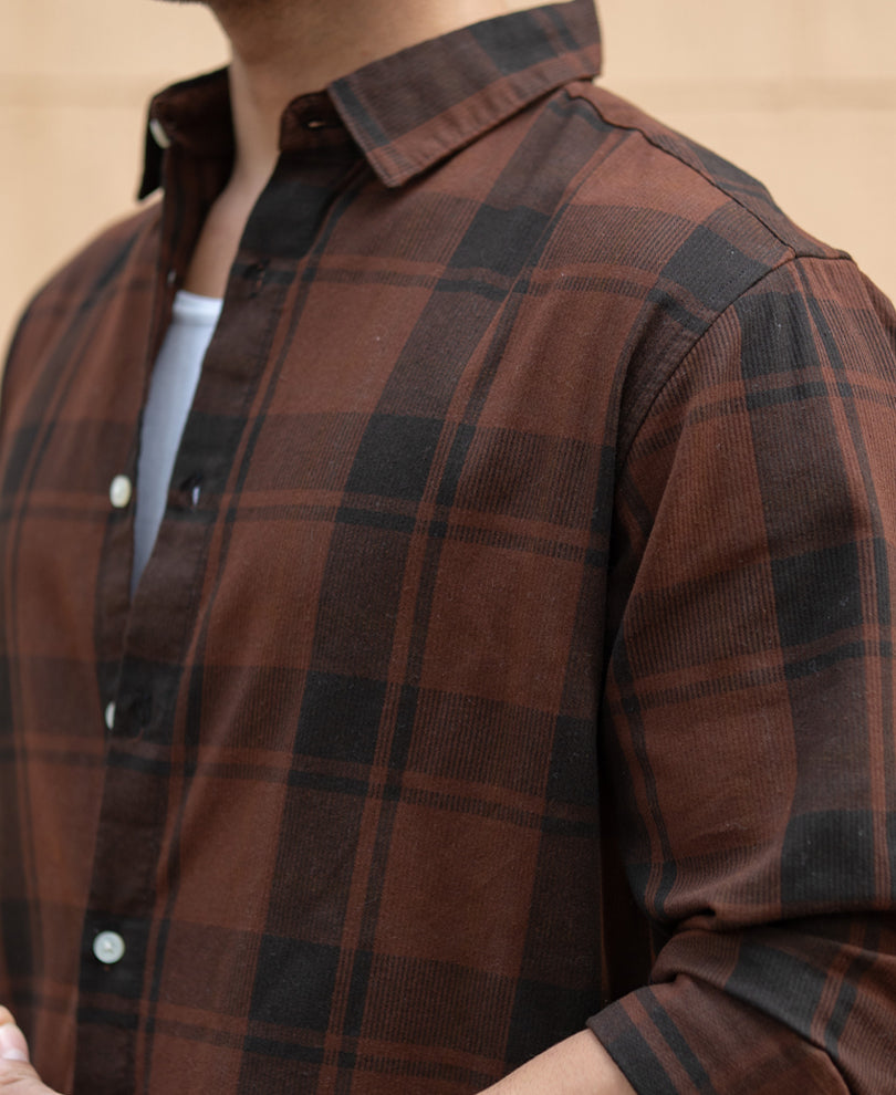 Dark Brown Structured Checked Shirt.