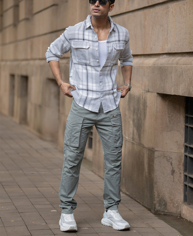 Light Grey Structured Checks Shacket Oversize Drop Shoulder Shirt.