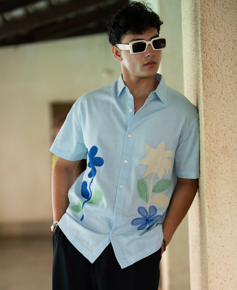 Blue Floral Embroidery Shirt 100% Cotton