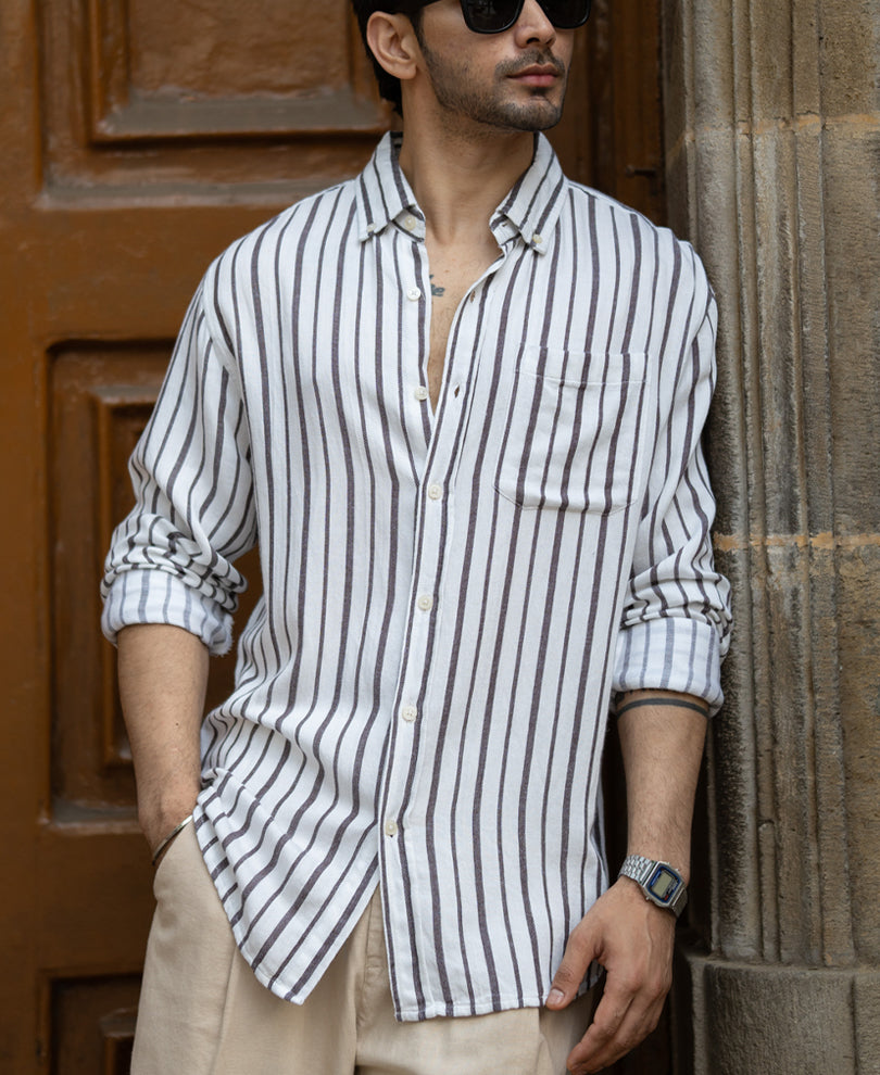 White Linen Blend Stripe Shirt.