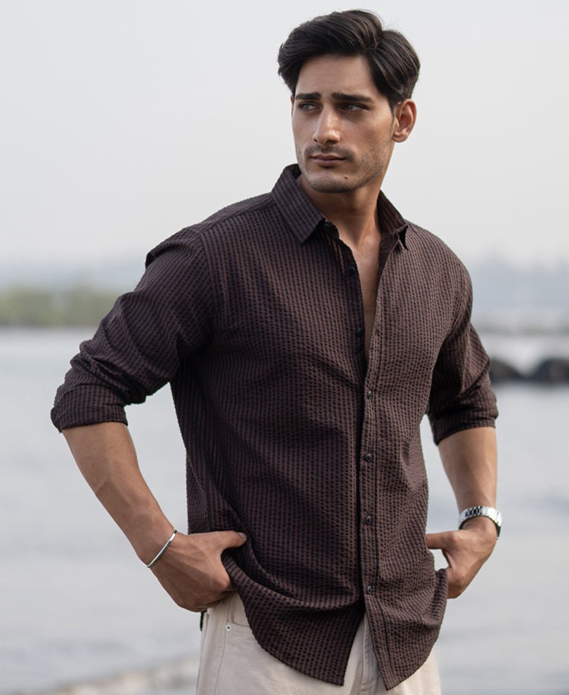 Brown Seer Sucker Stripe Shirt.