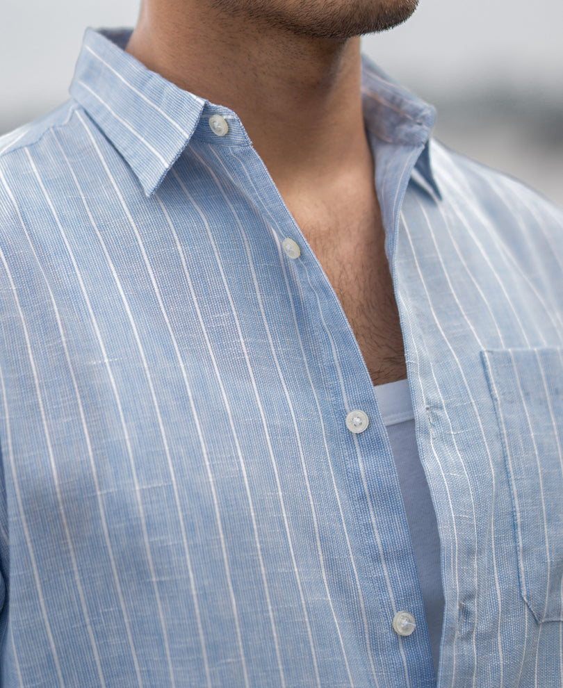 Dark Blue Cotton Stripe Shirt.