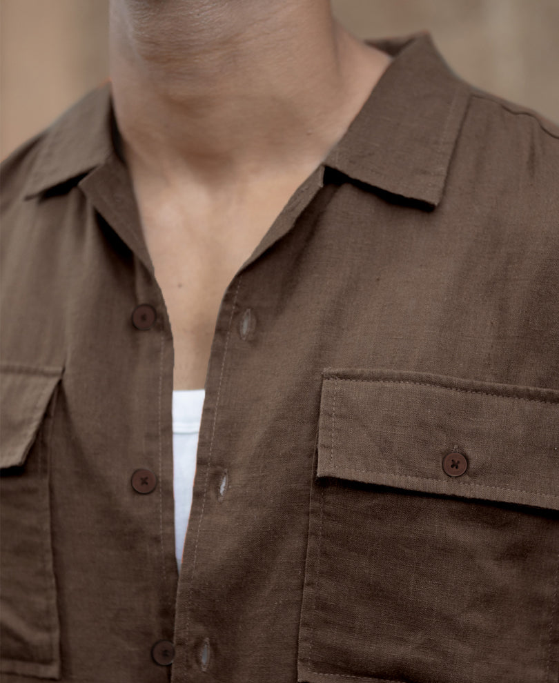 Brown Linen Double Pocket Shirt.