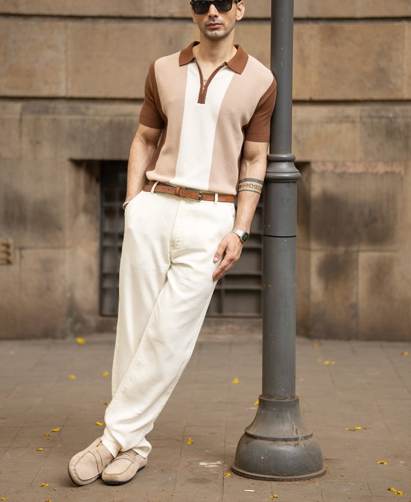Beige & Brown Knit Stripe T-Shirt 100% Cotton