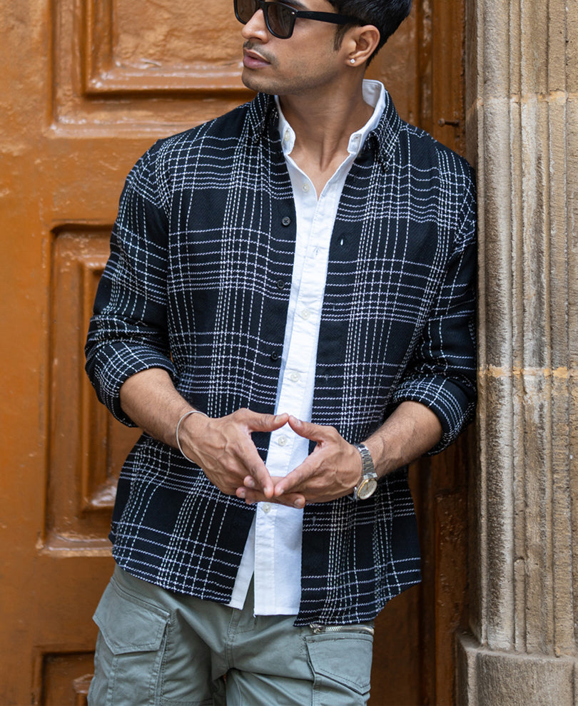 Black Structured Checked Shirt.
