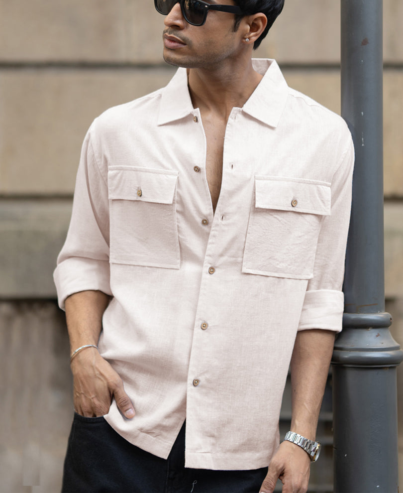 Cream Linen Double Pocket Shirt.