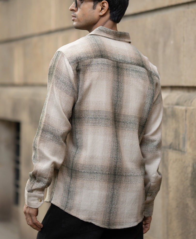 Beige Structured Checked Shirt.