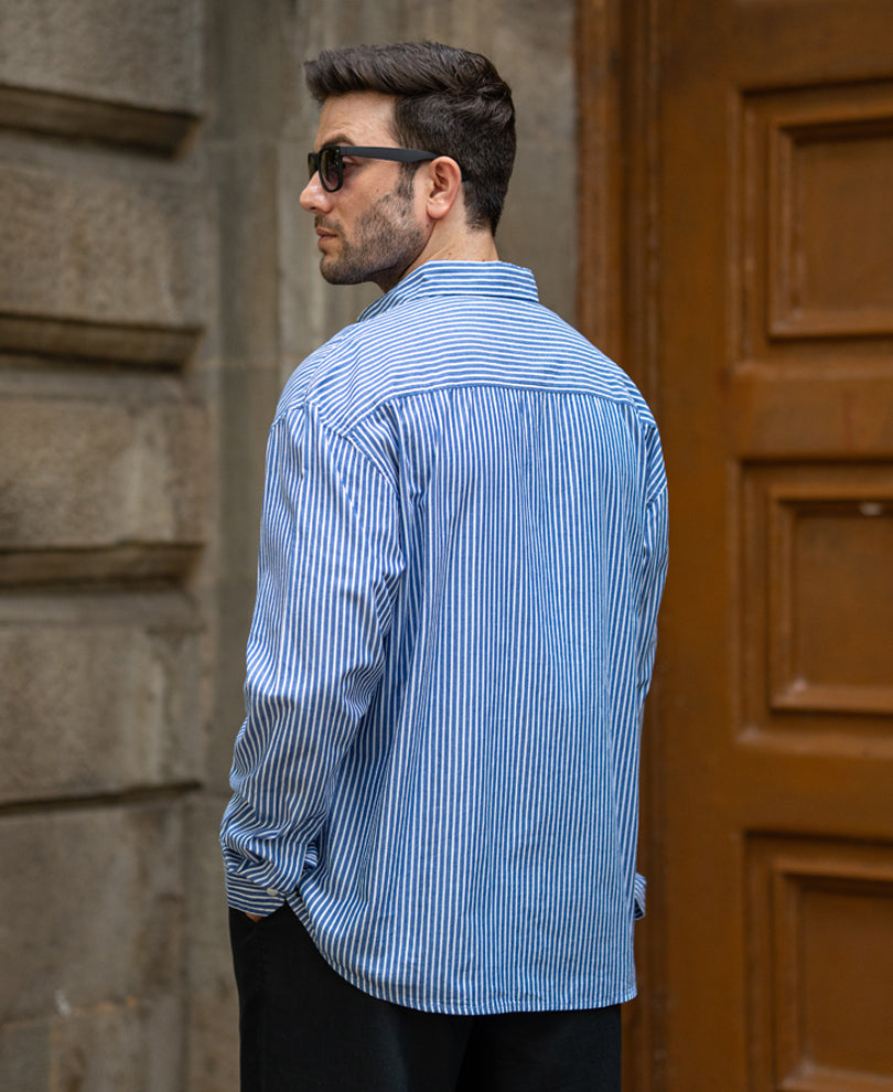 Blue Calligraphy Printed Striped Shirt 100% Cotton