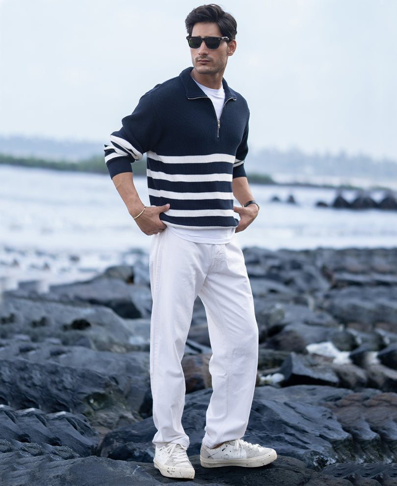 Navy Striped Zipper Neck T-Shirt.