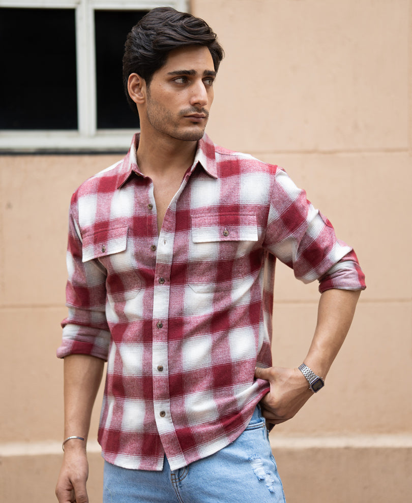 Maroon Checks Double Pocket Shirt.