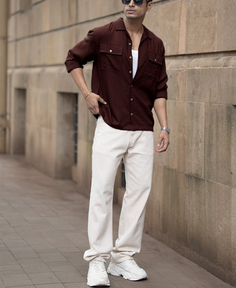 Wine Linen Double Pocket Shirt.