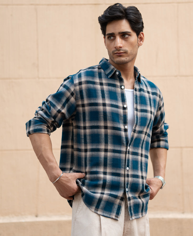 Teal Structured Checks Shirt.