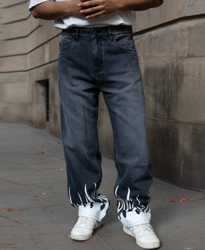 Charcoal Flame Print Baggy Jeans