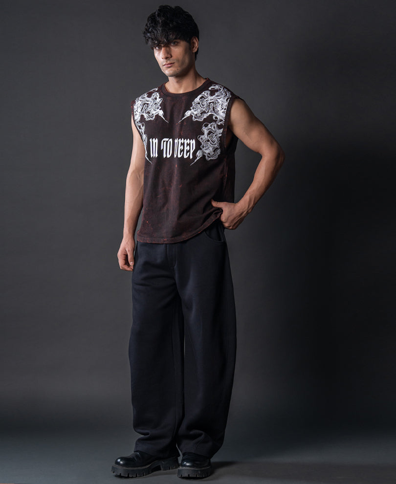 Washed Brown Printed Drop Shoulder Sando.