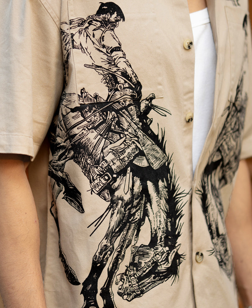 Beige Cowboy Print Boxy Shirt.
