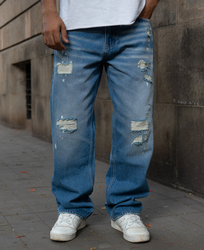 Mid Blue Distressed Baggy Jeans