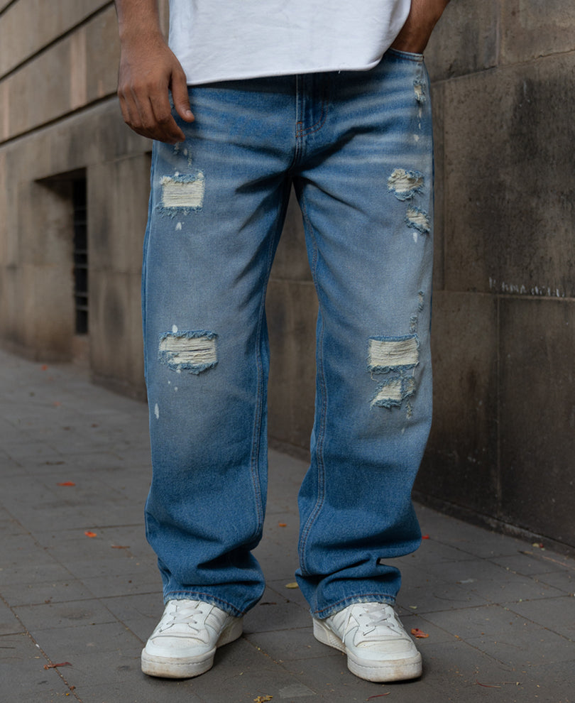 Mid Blue Distressed Baggy Jeans