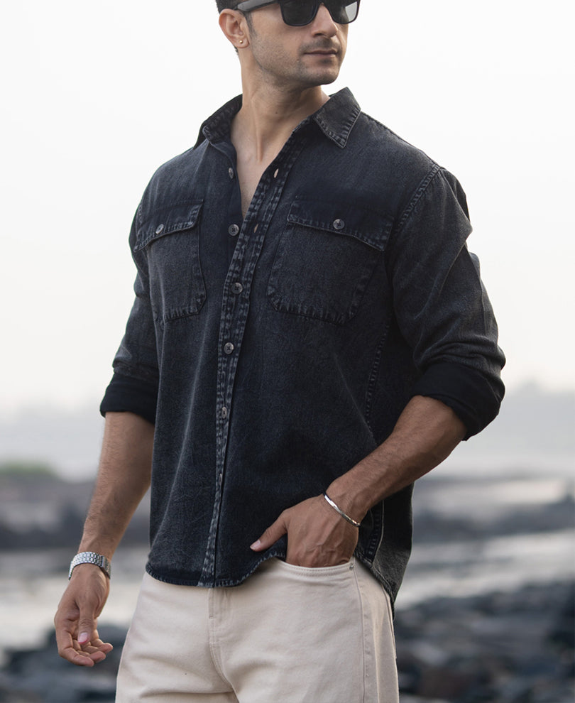 Black Charcoal Washed Denim Shirt.