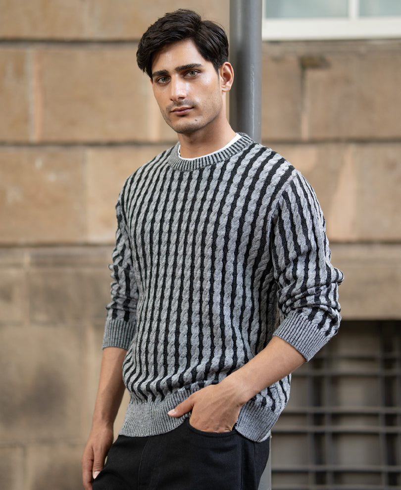 Grey And Black Cable Knit T-Shirt.