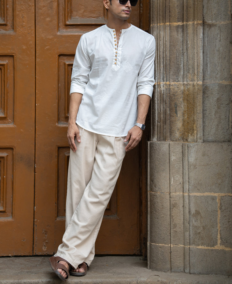 Off-White Embroidered Kurta Shirt.