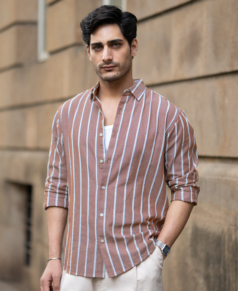Brown Structured Striped Shirt.
