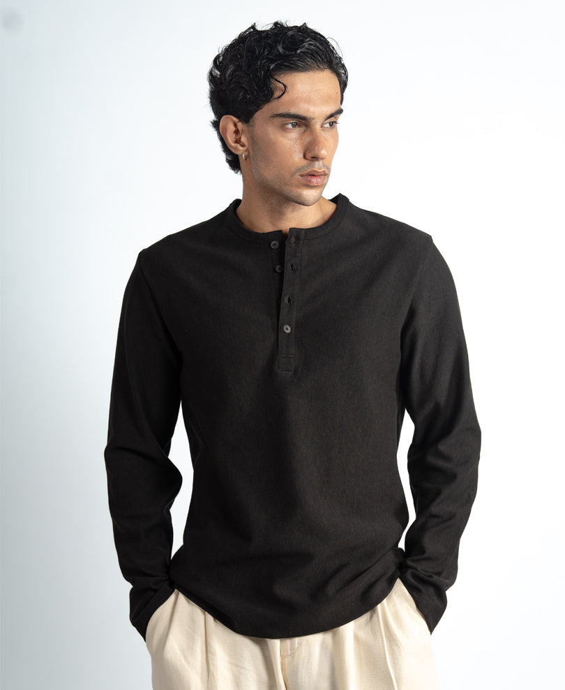 Black Henley Neck Knit T-Shirt