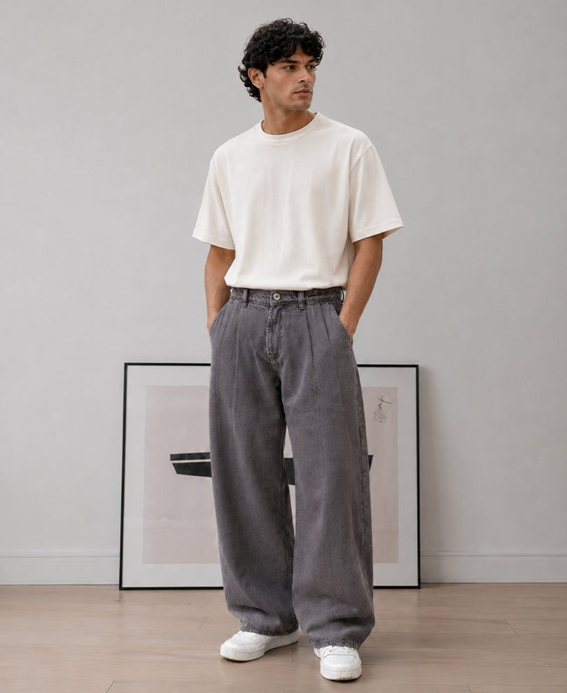 Brown Pleated Washed Barrel Jeans