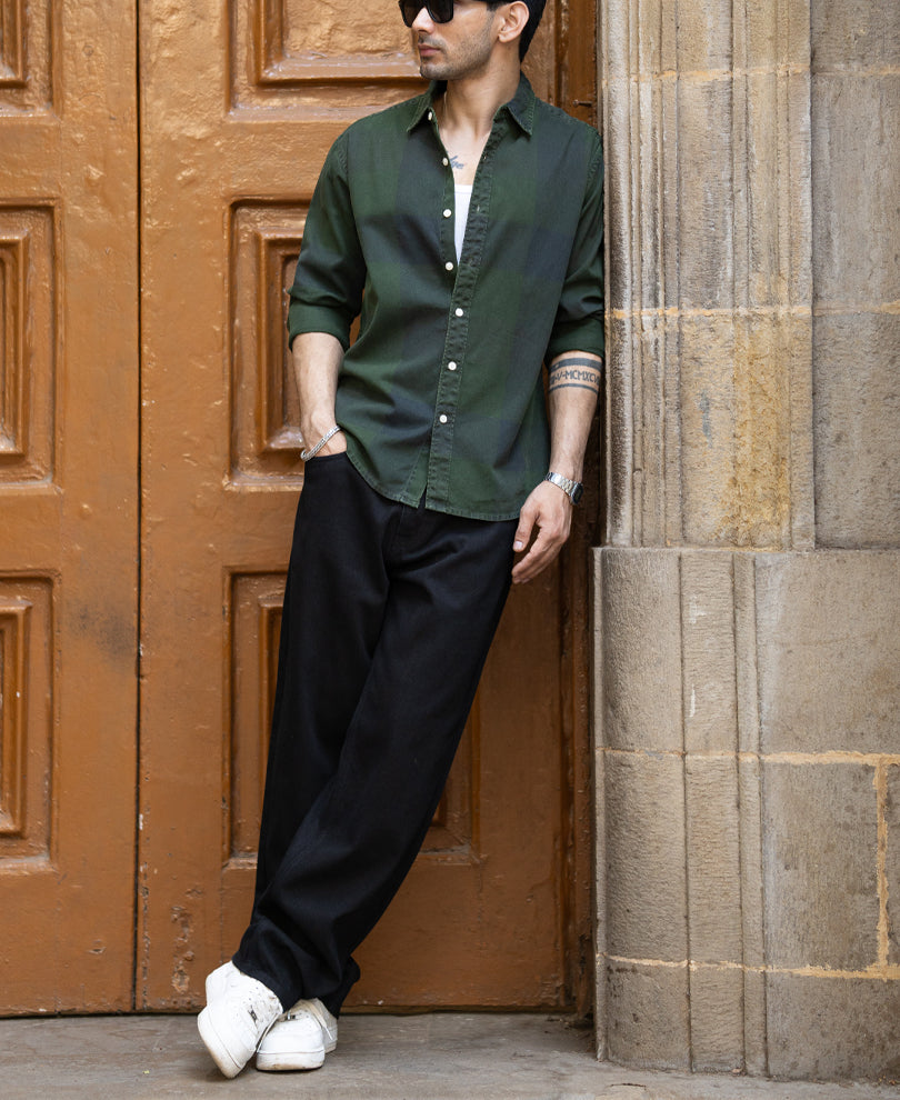 Olive Overdyed Checks Shirt 100% Cotton