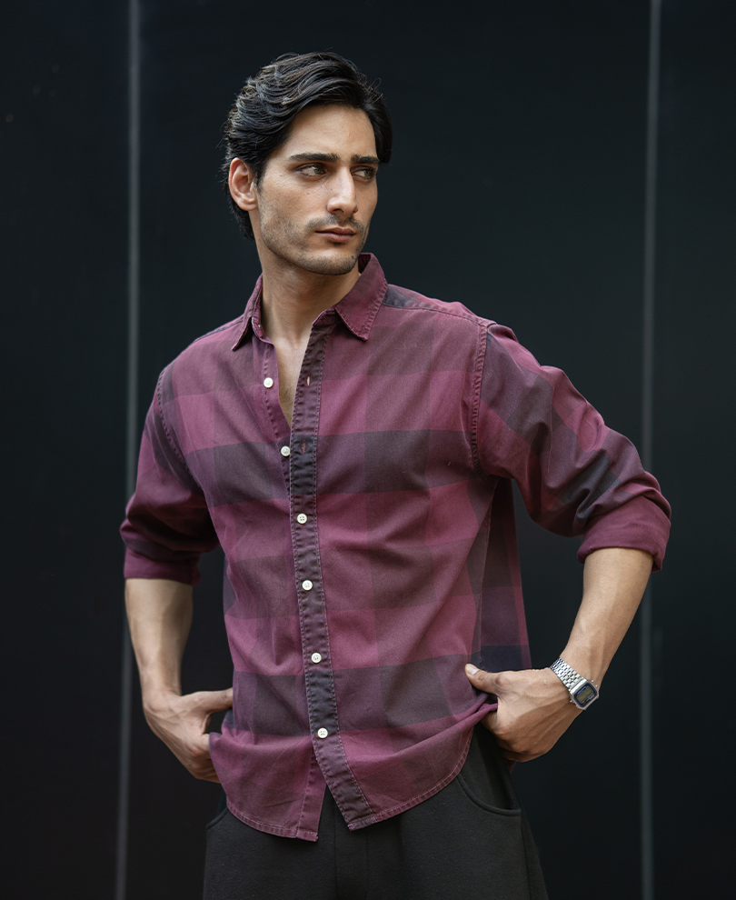 Burgendy Overdyed Checks Shirt