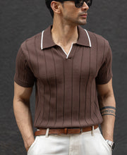 Brown Structured Knit Polo T-Shirt.
