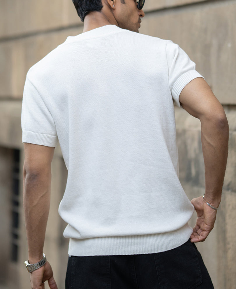 White Knitted Regular Fit Henley T-Shirt.