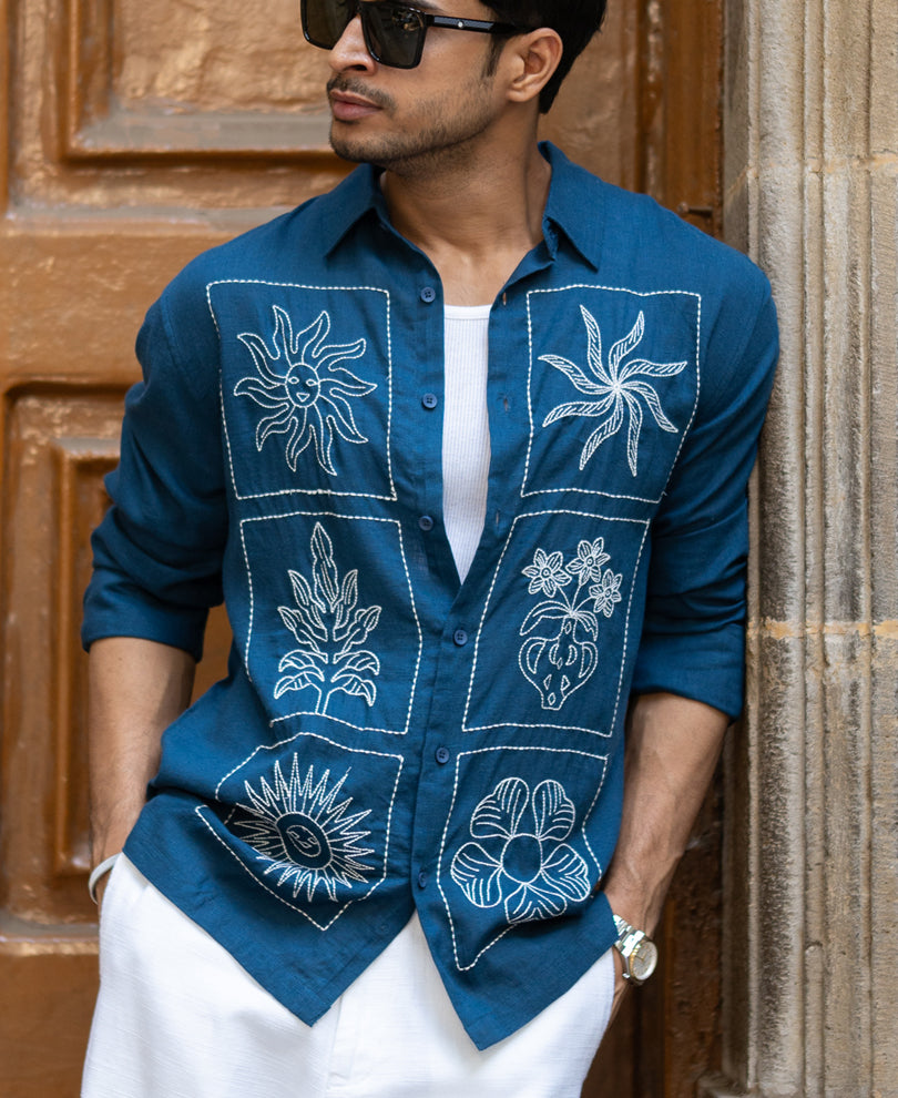 Blue Linen Blend Embroidery Shirt.