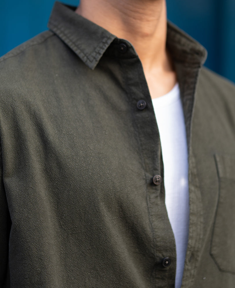 Dark Olive Washed Denim Shirt.