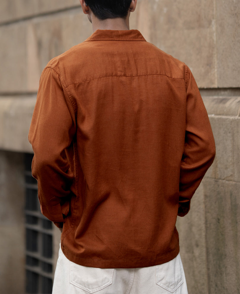 Tan Linen Double Pocket Shirt.