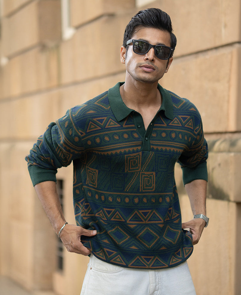 Multicolour Geometric Jacquard Knit T-Shirt 100% Cotton