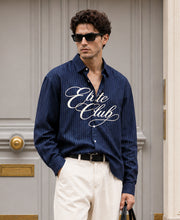 Navy Calligraphy Print Stripe Shirt