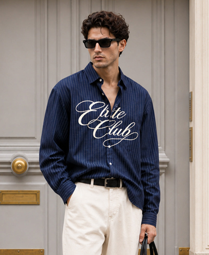 Navy Calligraphy Print Stripe Shirt