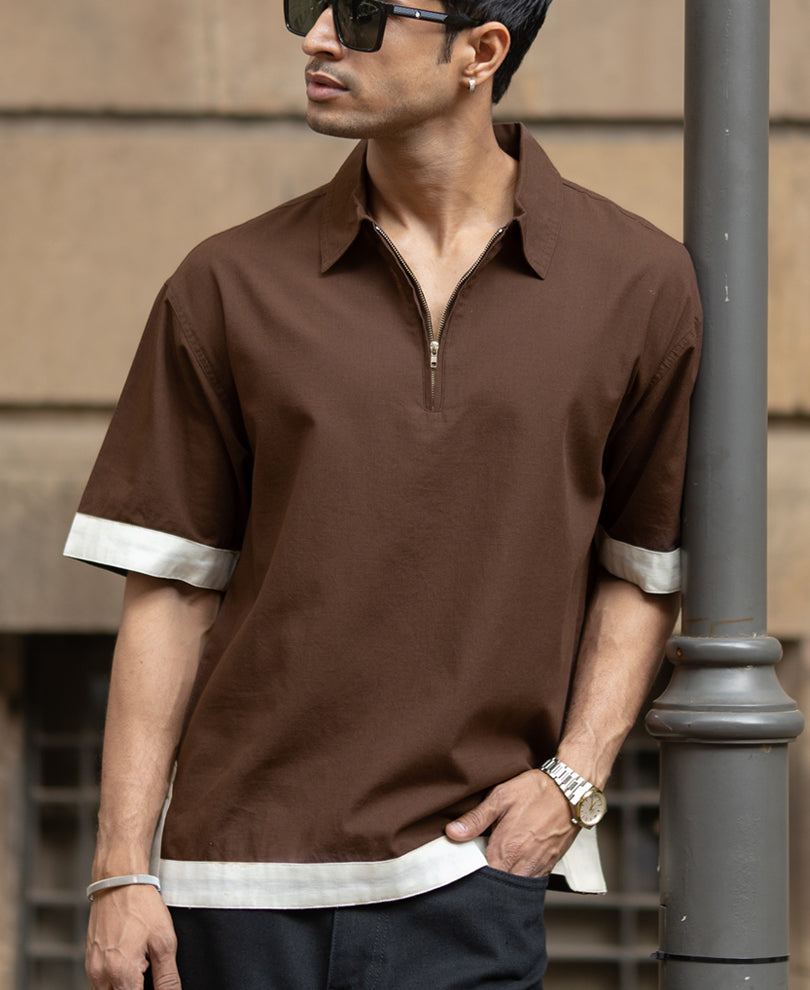 Dark Brown Boxy Fit Zipper Shirt.