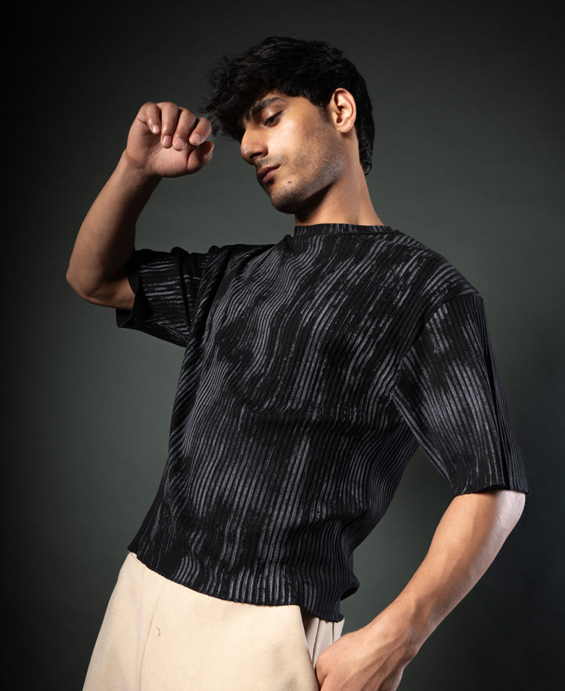 Black Printed Structure Stripe T-Shirt.