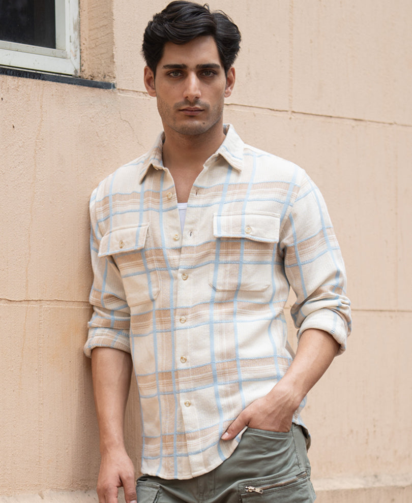 Beige Double Pocket Checks Shirt.
